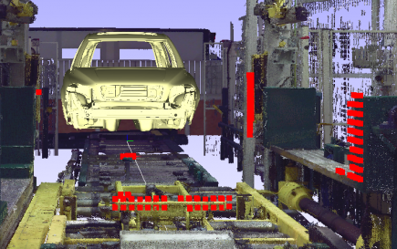 Collisions (in red) shown between car chassis and surrounding geometry 