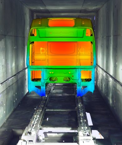 A cab inside a curing oven, red indicates high and blue low temperature.