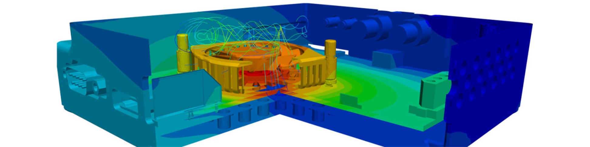 Conjugated heat transfer simulation of a simple computer. The computer is colored by the temperature where red is high and blue is low temperature