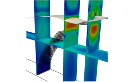 Fluid-structure interaction: A rubber beam is submerged in an oil bath and the beam is deformed by the fluid forces. The gray surface is the oil-air interface.