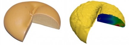 Comparison of a stationary flat bead sealing application , experiment (left) and simulation (right). 