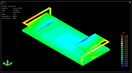 Surface currents at 775 MHz on the MIMO antenna system for the design with best efficiency. The efield® method of moments solver has been used.