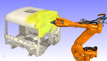 A robot is painting a Scania cab in IPS Virtual Paint