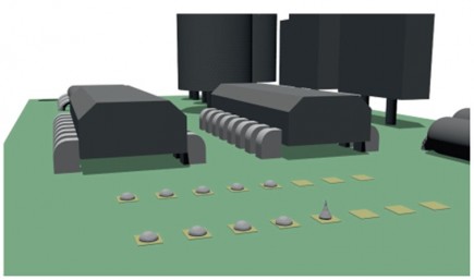 Close up of jet printing simulation on a PCB. The solder paste is ejected on the PCB in a certain pattern. In the next step of the process these droplets will form the solder joint between the electric component and the PCB circuit.