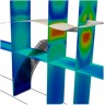 Fluid-structure interaction: A rubber beam is submerged in an oil bath and the beam is deformed by the fluid forces. The gray surface is the oil-air interface.